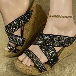 XOXO Black and Gold Wedge Sandals